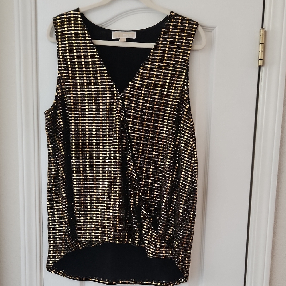Michael Kors Gold and Black Sequin Faux Wrap Blouse, XL